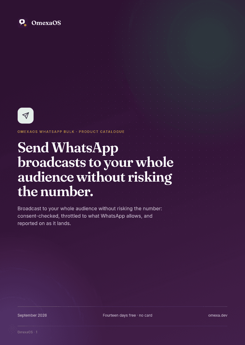 The cover of the OmexaOS WhatsApp Bulk catalogue
